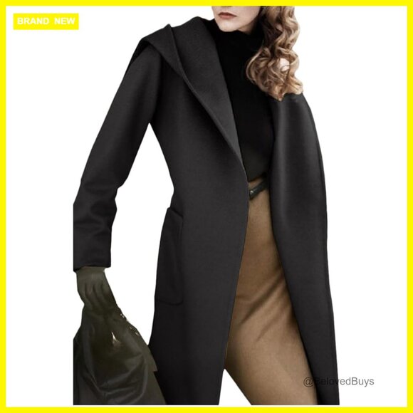 Wool Blend Trench Coat Long Sleeve Open Front Belted Casual Winter